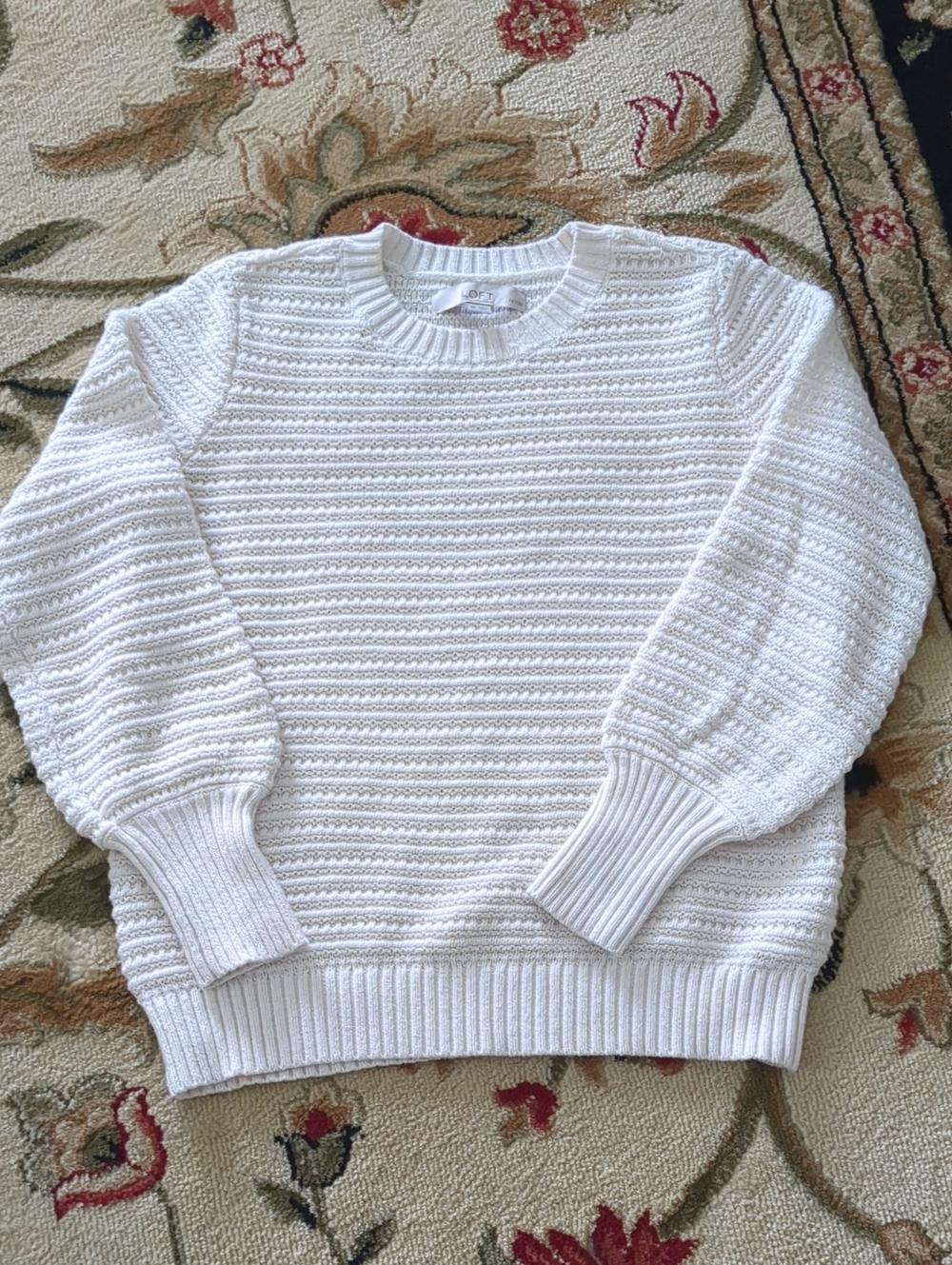 Loft Crew Neck Crochet Knit Sweater Off White Petite Small